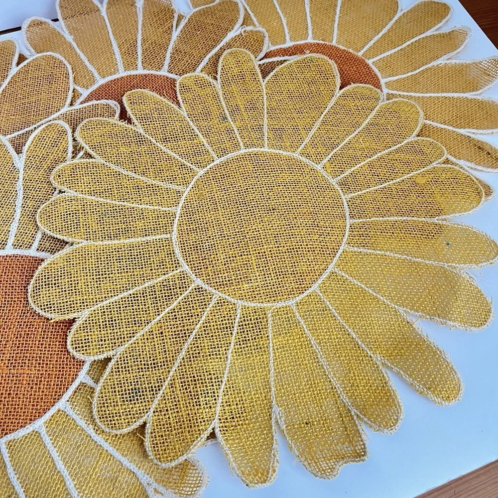 Vtg set 5 sunflower placemats straw raffia yellow orange summer party daisy